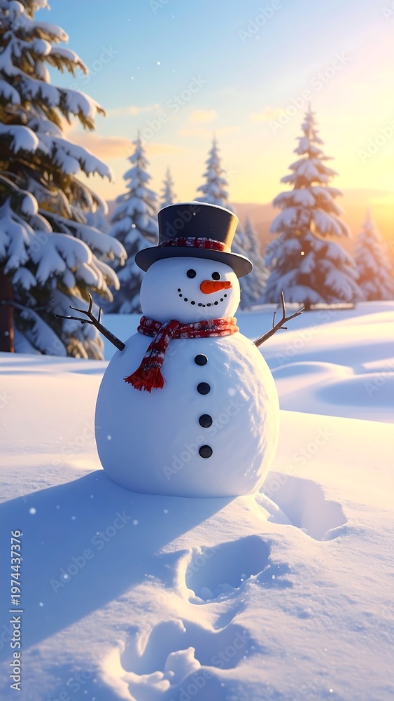 Obraz premium A snowman in a snowy forest with trees and sunset