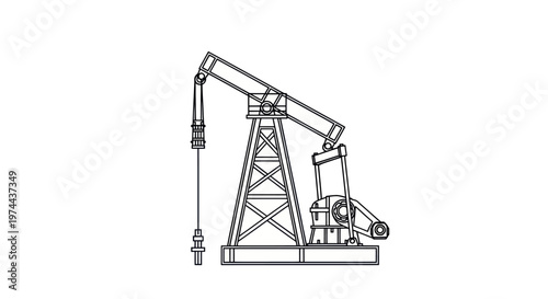 Oil pump jack line art drawing on white background.