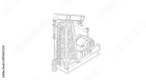 Oil pump jack line art drawing, petroleum industry equipment.
