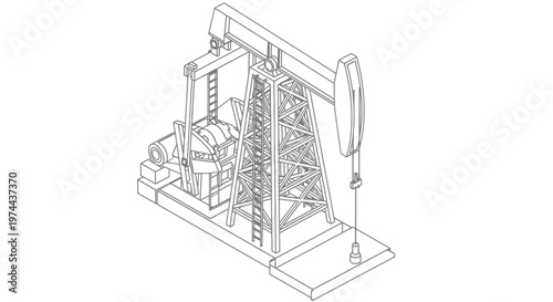 Oil pump jack line art drawing isolated on white background.