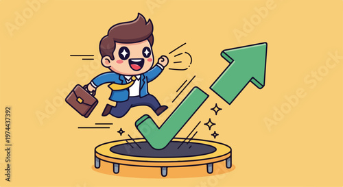 Energetic cartoon businessman jumping high on trampoline with green upward arrow and check mark symbolizing success