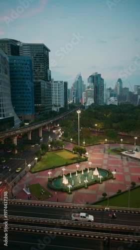 Vertical aerial view of Lumphini Park entrance with illuminated fountains, city traffic, and modern Bangkok skyline at dusk, Thailand