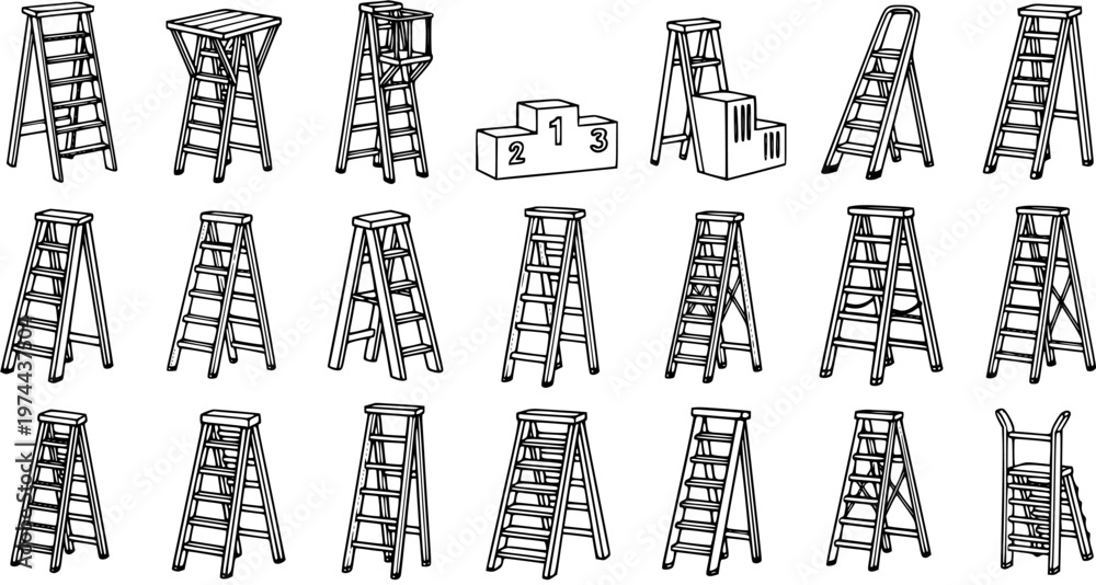Fototapeta premium Black and White Line Art of Various Ladders and Pedestal for Construction and Sports