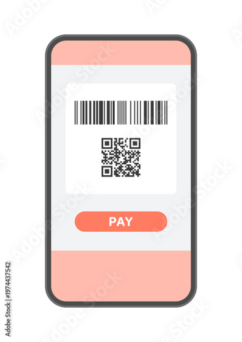 バーコードとQRコードとPAYの文字が画面に表示されたスマホのイラスト - キャッシュレス決済の素材