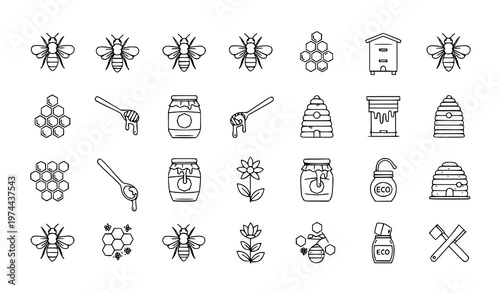 Honey and beekeeping thin line icon set with bee hive honeycomb and organic farm vector symbols