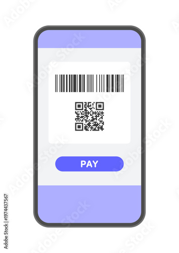 バーコードとQRコードとPAYの文字が画面に表示されたスマホのイラスト - キャッシュレス決済の素材