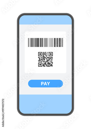 バーコードとQRコードとPAYの文字が画面に表示されたスマホのイラスト - キャッシュレス決済の素材