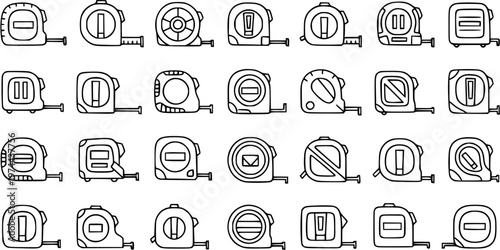 Black and White Line Art Icons of Various Tape Measure Tools for Construction and DIY