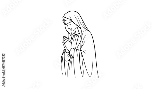 Virgin Mary Praying Black Outline Silhouette Religious Line Art Vector Illustration