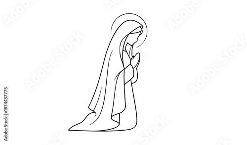 Fotografie Minimal Virgin Mary Prayer Silhouette Elegant Black Line Religious Vector Art