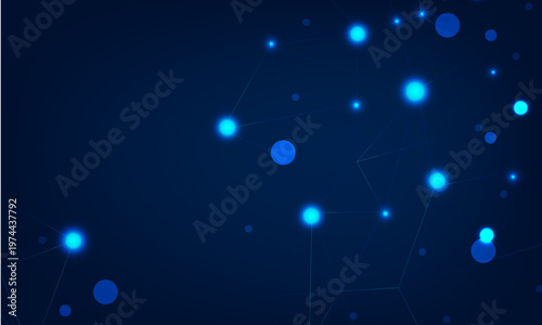 Abstract dark blue background with glowing light dots and connected geometric shapes representing digital network connectivity for technology presentations.
