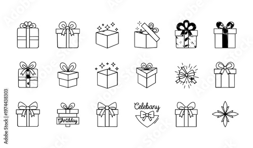 Modern gift box icon set with wrapped present and celebration package elements for holiday and event design