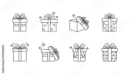 Minimal gift box icon collection with wrapped presents and celebration symbols for festive vector design