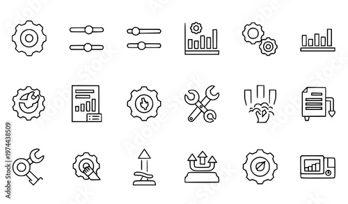 Thin line gear and system management icon set with configuration maintenance and technology symbols