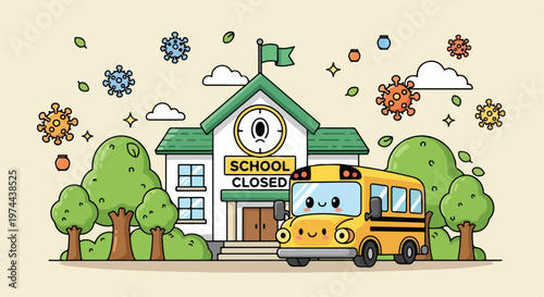 Cute cartoon school building with a yellow bus and virus icons indicating a school closure due to pandemic
