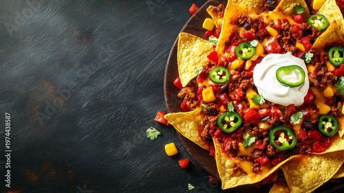 Colorful plate of loaded beef nachos with melted cheese, jalapenos, and sour cream on a dark background with copy space