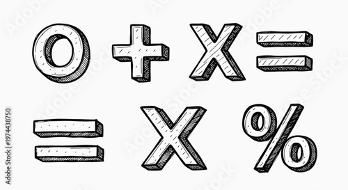 Hand drawn mathematical symbols and operators arranged on a plain white isolated background surface