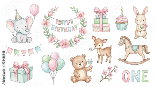Cute watercolor pastel birthday animals and baby party elements with balloons, gifts and floral wreath. Collection of Vector illustrations. Perfect for invitation, card, poster, banner, decoration