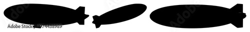 Blimp set with black silhouette against white background featuring aircraft, hot air, vintage with flight, travel and aviation