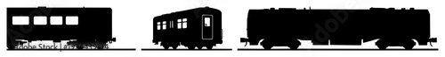 Train car set with black silhouette against white background featuring train car, railway vehicle, locomotive with carriage and rail