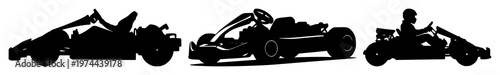Go kart set with black silhouette on white background featuring racing, motorsport, sports with vector graphic illustration and design