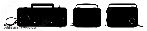 Radio set with black silhouette on white background featuring radio, electronics, broadcasting with communication and audio