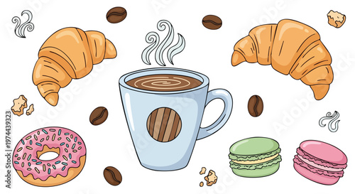 Breakfast Pastries and Coffee. Croissants, Donut, Macarons, Coffee Cup. Delicious Morning Meal.