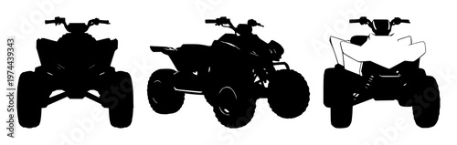 Quad bike set with black silhouette on white background featuring motocross vehicle, off-road transportation, four-wheeled sportbike with silhouette and white canvas