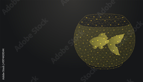Low poly wireframe goldfish in a fishbowl icon on dark background.