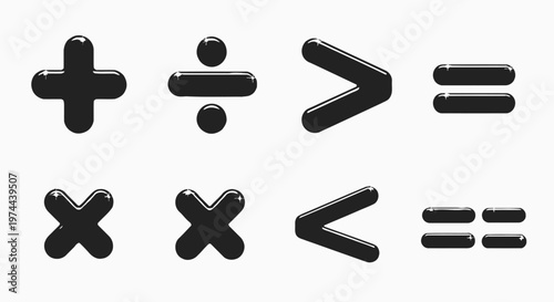 A collection of glossy black mathematical operation symbols arranged on a clean white background