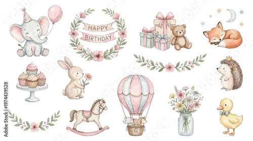 Cute watercolor pastel birthday animals and baby party elements with balloons, cupcakes and floral decorations. Collection of Vector illustrations. Perfect for invitation, card, poster, banner, decor