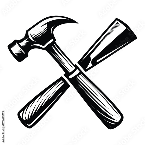 A crossed hammer and chisel depicted in a detailed vintage engraving style silhouette