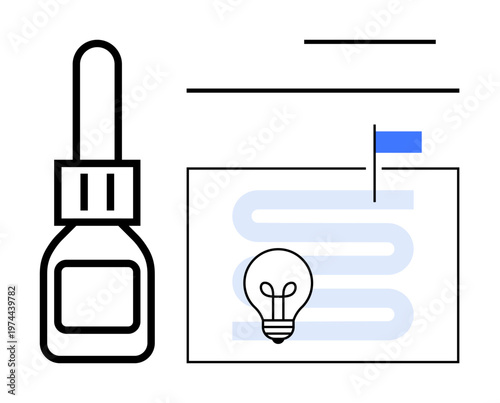 Creative process. Tools thumbs up glue bottle and innovation symbols such as a lightbulb referring to idea generation and problem-solving. Creativity fosters design, productivity, and planning