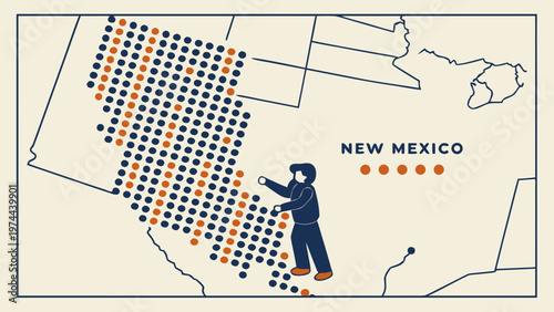 Map of New Mexico with dots and a person pointing