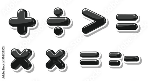 A set of glossy black mathematical symbols featuring basic arithmetic and comparison operators