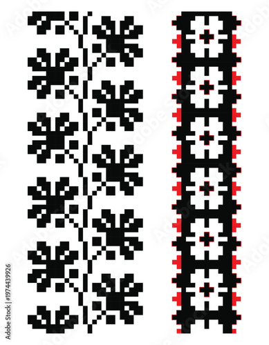 Pixel art of traditional Ukrainian folk ornaments in red and black. Architectural geometric floral and monochromatic clover vine representing the Tree of Life