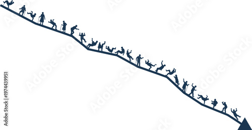 Economic Recession Concept Featuring Silhouette People Falling Down a Decreasing Graph Arrow Representing Financial Crisis, Stock Market Crash, and Bankruptcy.