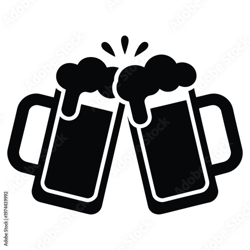 Two full beer mugs clinking together in a celebratory toast depicted as a bold silhouette