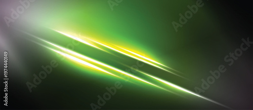 Abstract green light streaks across dark background. Bright energy flows diagonally, creating dynamic visual effect. Smooth gradients dominate composition.