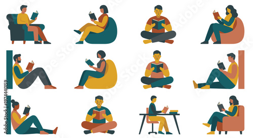 Stylish collection of people reading books, situated in minimalist and modern interior settings, using diverse seating options like sofas and beanbags.