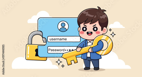 Cute cartoon man holding a golden key in front of a login screen with username and password fields and a padlock