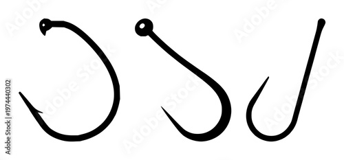 Fish hook set with black silhouette on white background featuring hook, fishing gear, bait with line art and minimalist.
