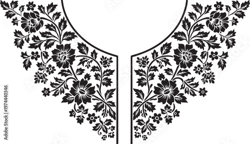 Floral Neckline Design Vector Illustration, Black and White, Elegant Embroidery Pattern