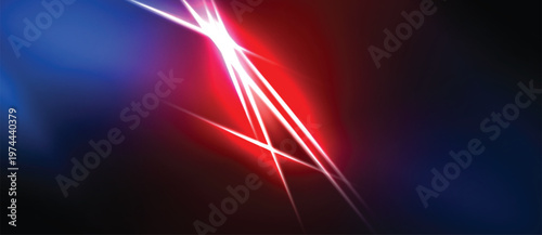 Abstract light streaks, vibrant blue, red hues dominate dark background. Energy radiates from central bright point. Dynamic composition.