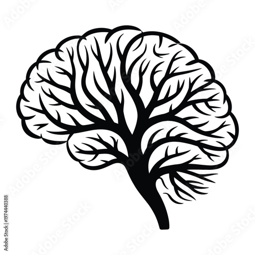An intricate brain shape is creatively formed from the branching pattern of a tree silhouette