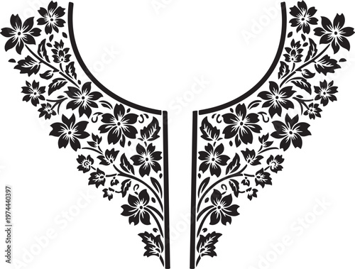 Floral Neckline Decoration Vector Illustration with Black Flowers and Leaves