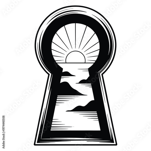 A keyhole reveals a landscape of mountains sea and a rising sun presented as a silhouette