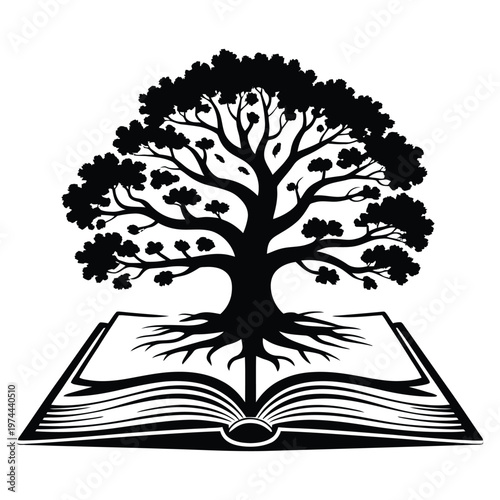 An open book displays a detailed tree growing from its pages a striking silhouette