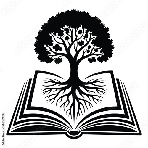 An open book displays a tree with extensive roots symbolizing knowledge and growth a striking silhouette