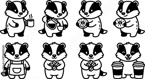 Black and white line art cute badger with coffee doughnut and peanuts collection